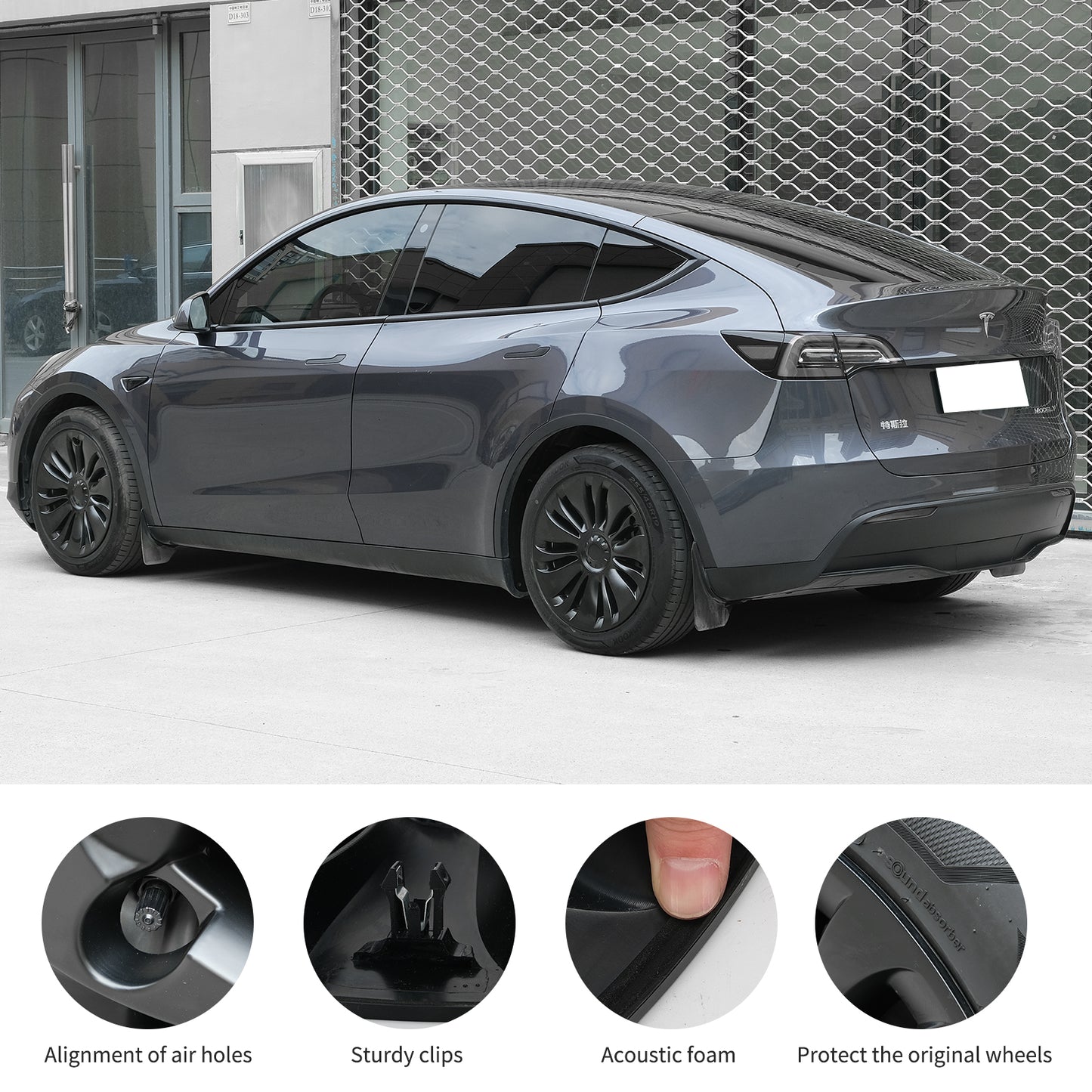 JAWJUT Wheel Cover Hub Caps 18 inch Compatible with Tesla Model 3 Hubcap Replacement Parts Matte Black 4pcs Set